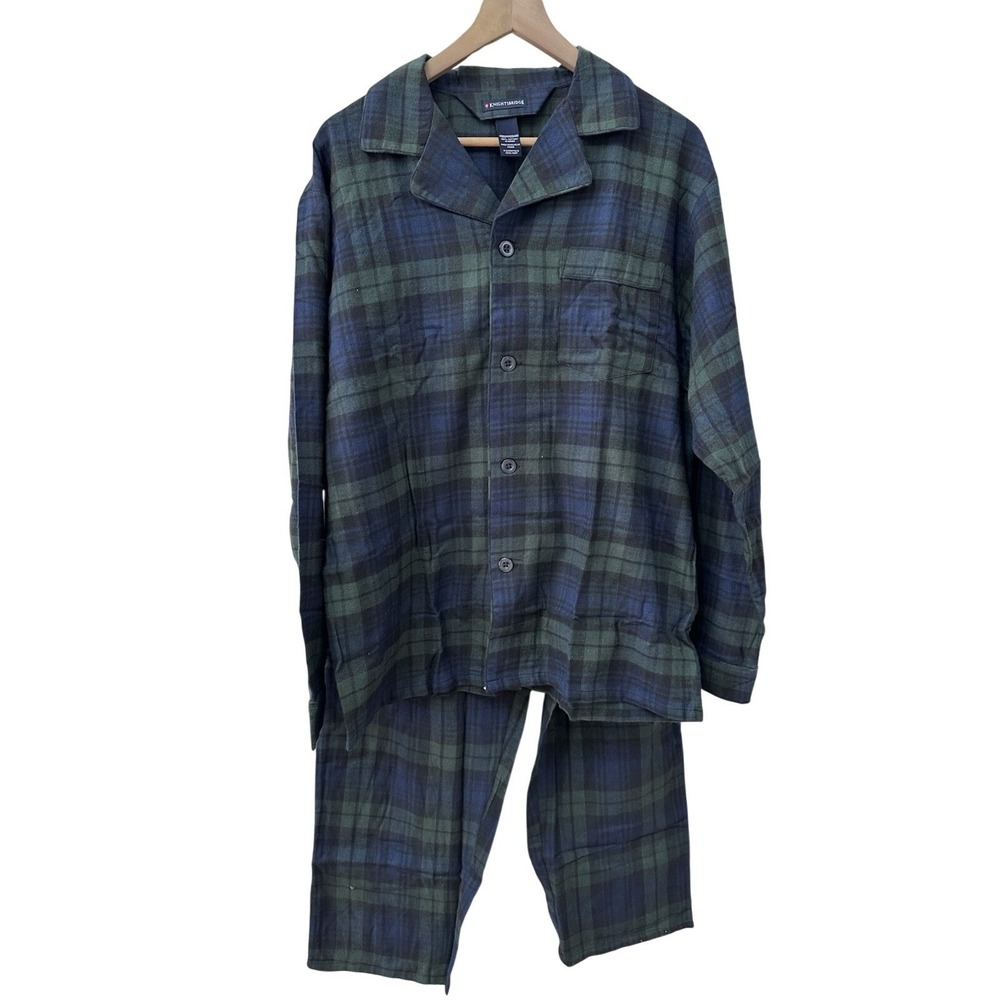 Knightsbridge‎ Pajama Set Medium Blue Green Plaid Flannel 100% Cotton 2 Piece